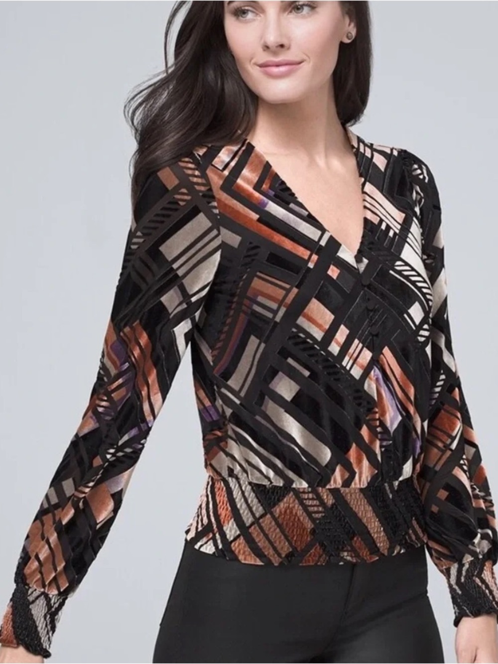 WHBM Women's Multi-Color Geometric V-Neck, Smocked Hem & Cuffs Burnout Blouse M